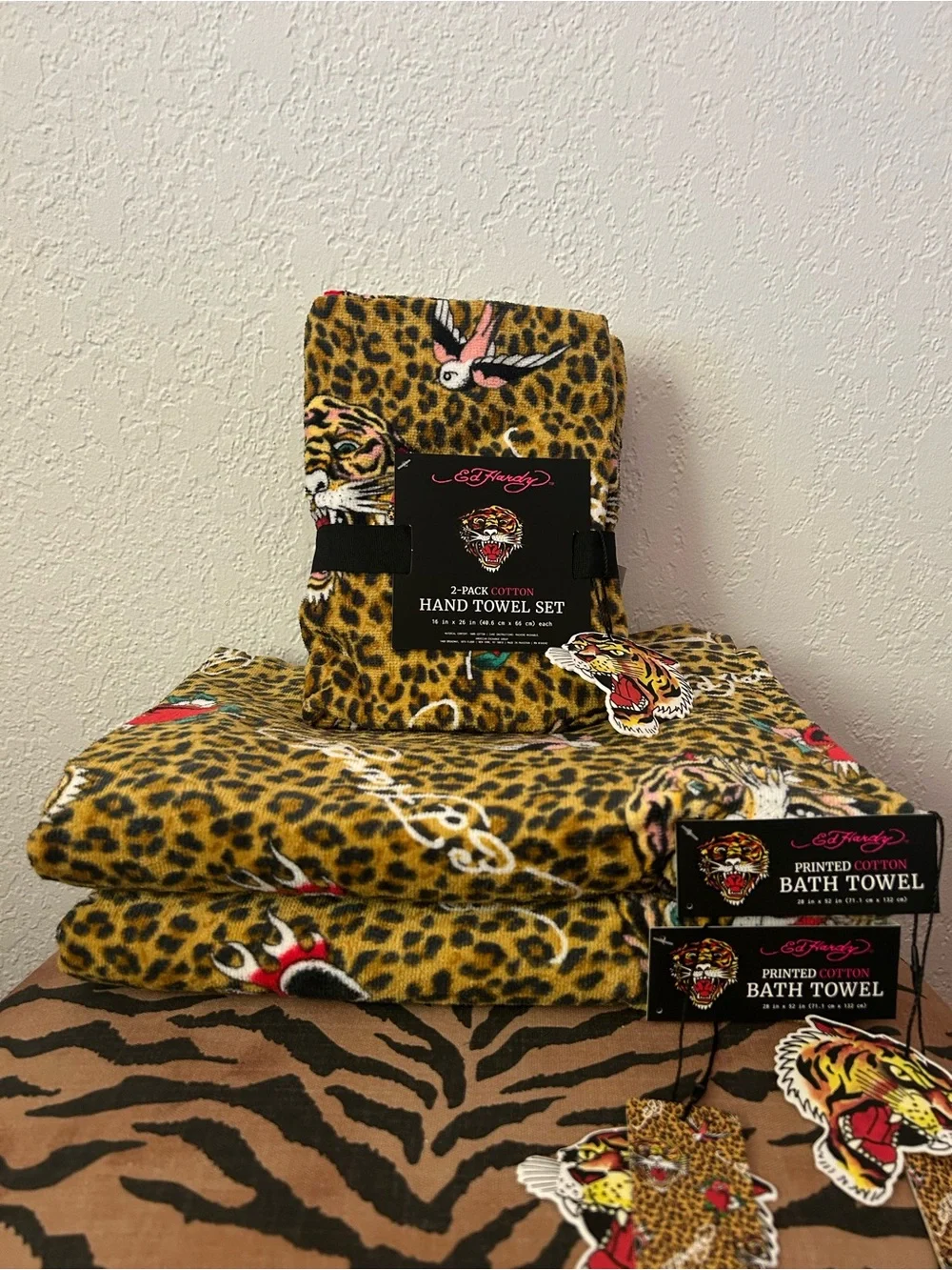 NEW Ed Hardy 4-Piece Leopard Print 100% Cotton Bath Towel Set